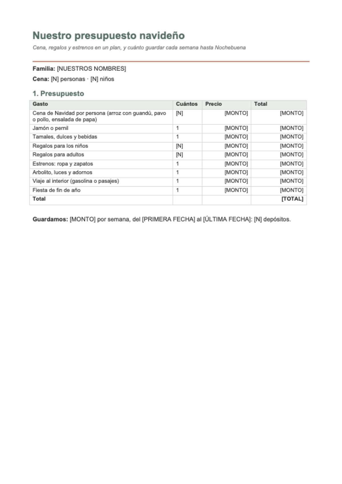 Presupuesto navideño familiar: first page