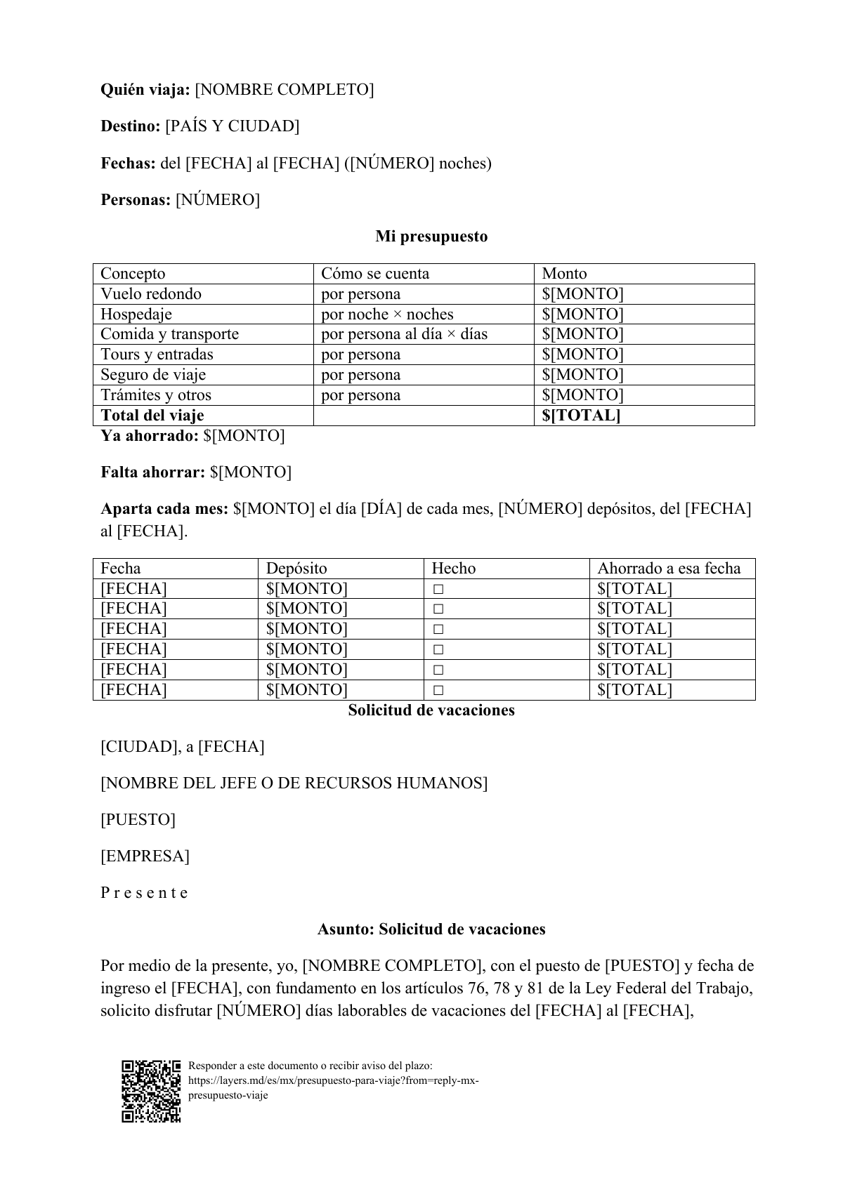 Presupuesto para viaje: first page