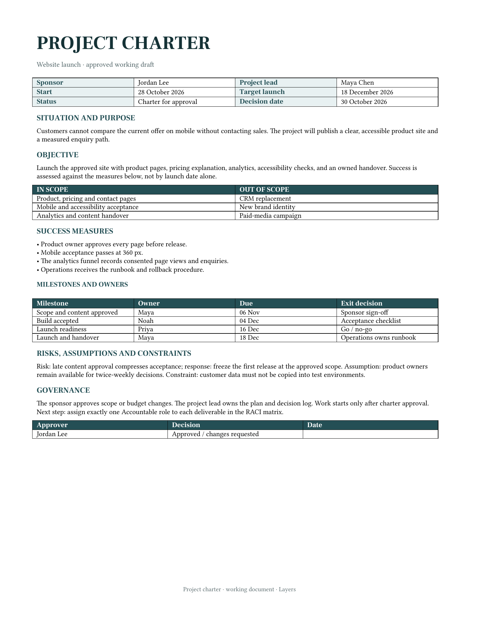 Project charter template for a real kickoff: first page