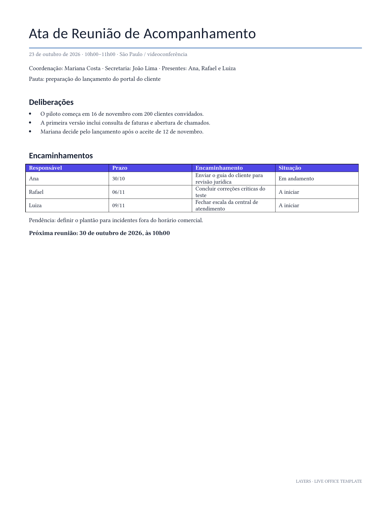 Modelo de ata de reunião — preencha durante a reunião, aprove e assine online: first page