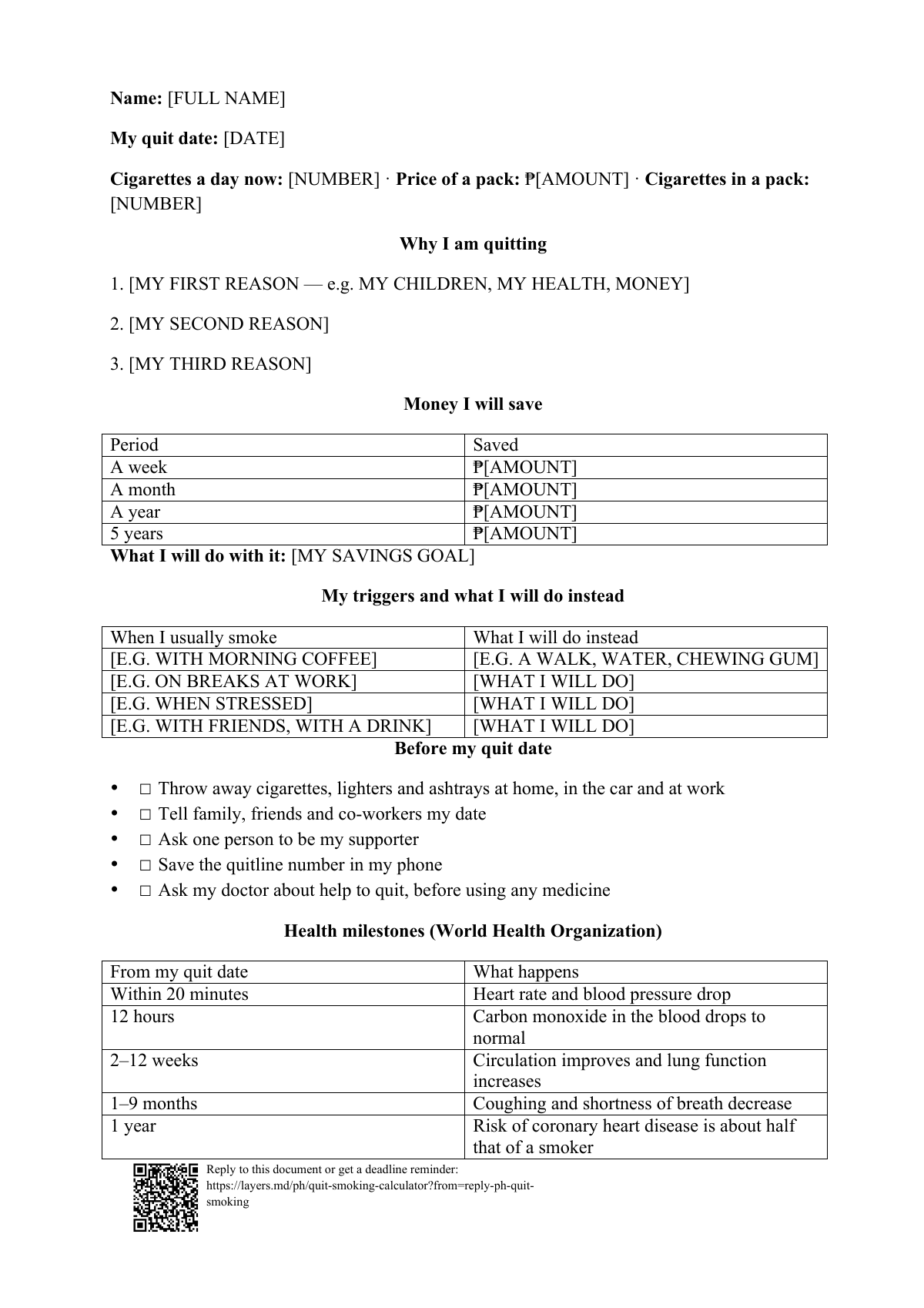 Quit smoking calculator: first page