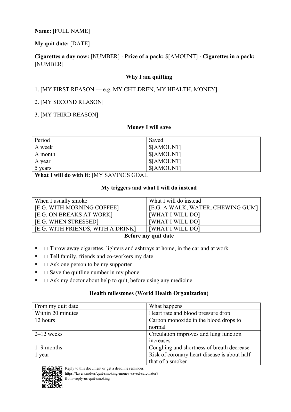 Quit smoking money saved calculator: first page