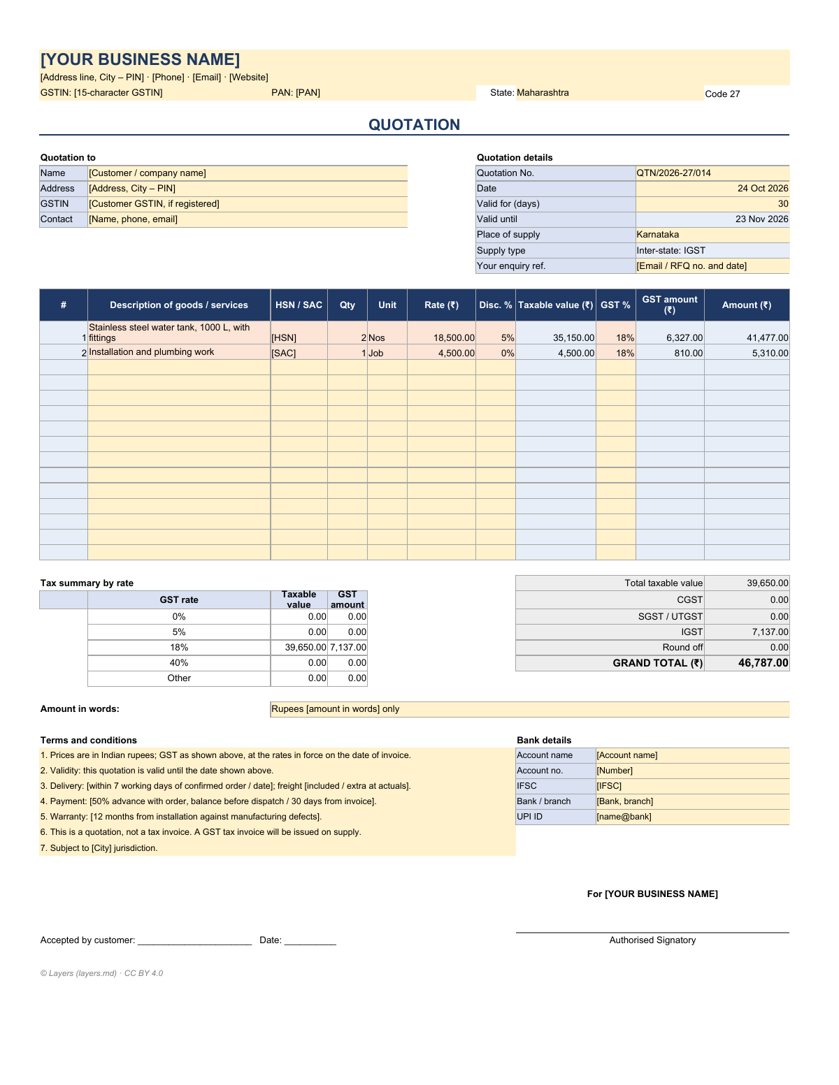 Quotation format with GST: first page
