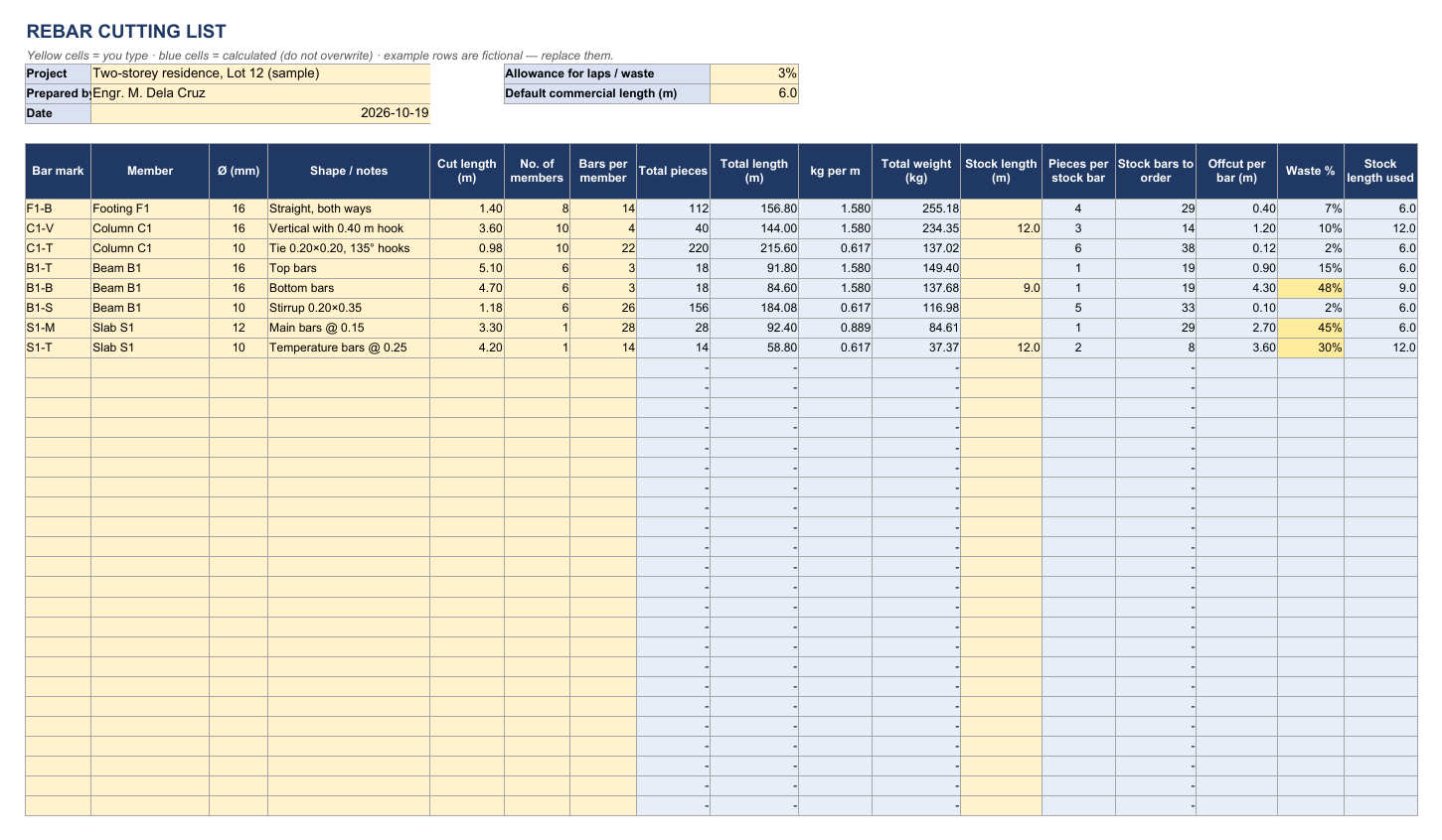 Rebar cutting list: first page