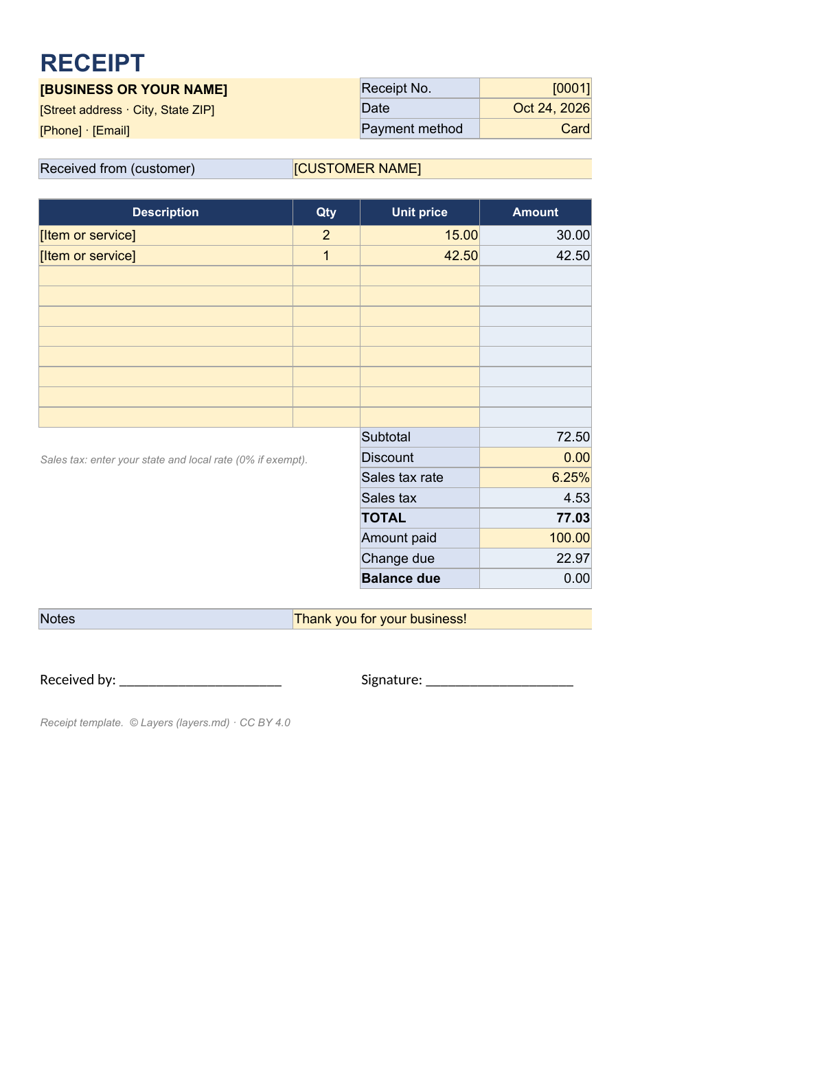 Receipt template: first page