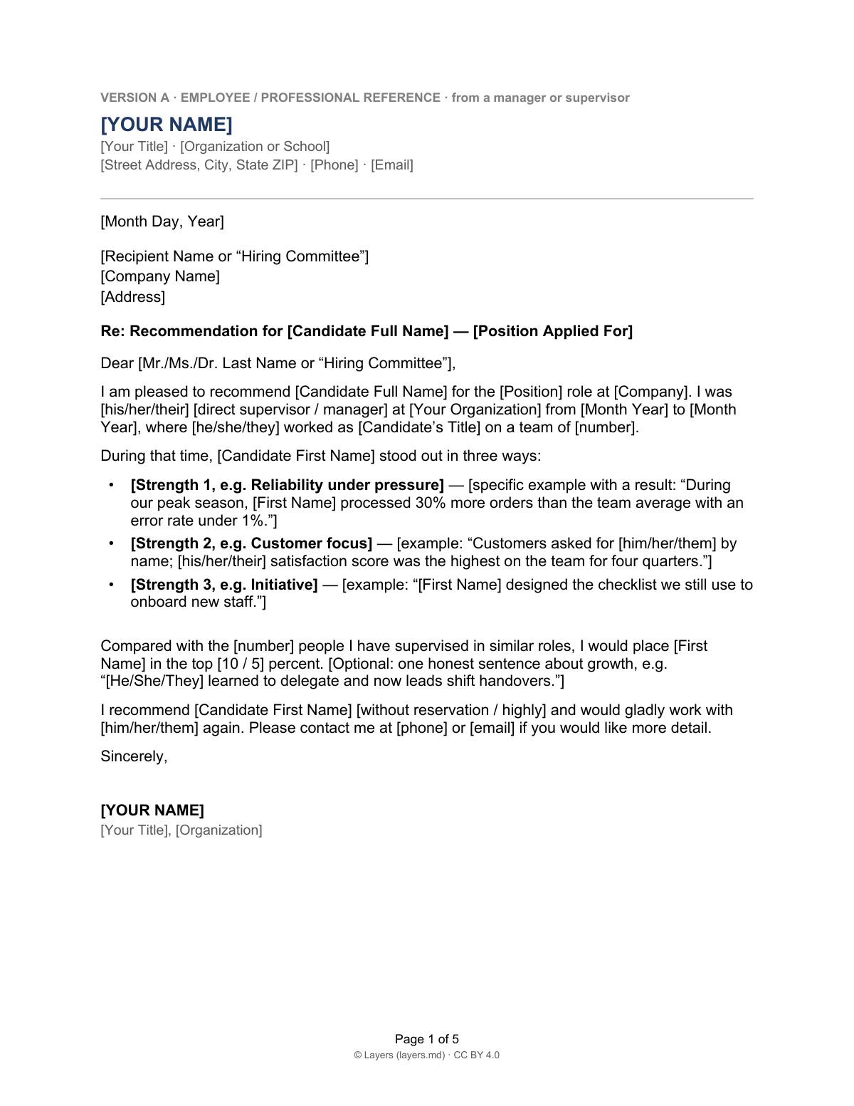 Recommendation letter template: first page