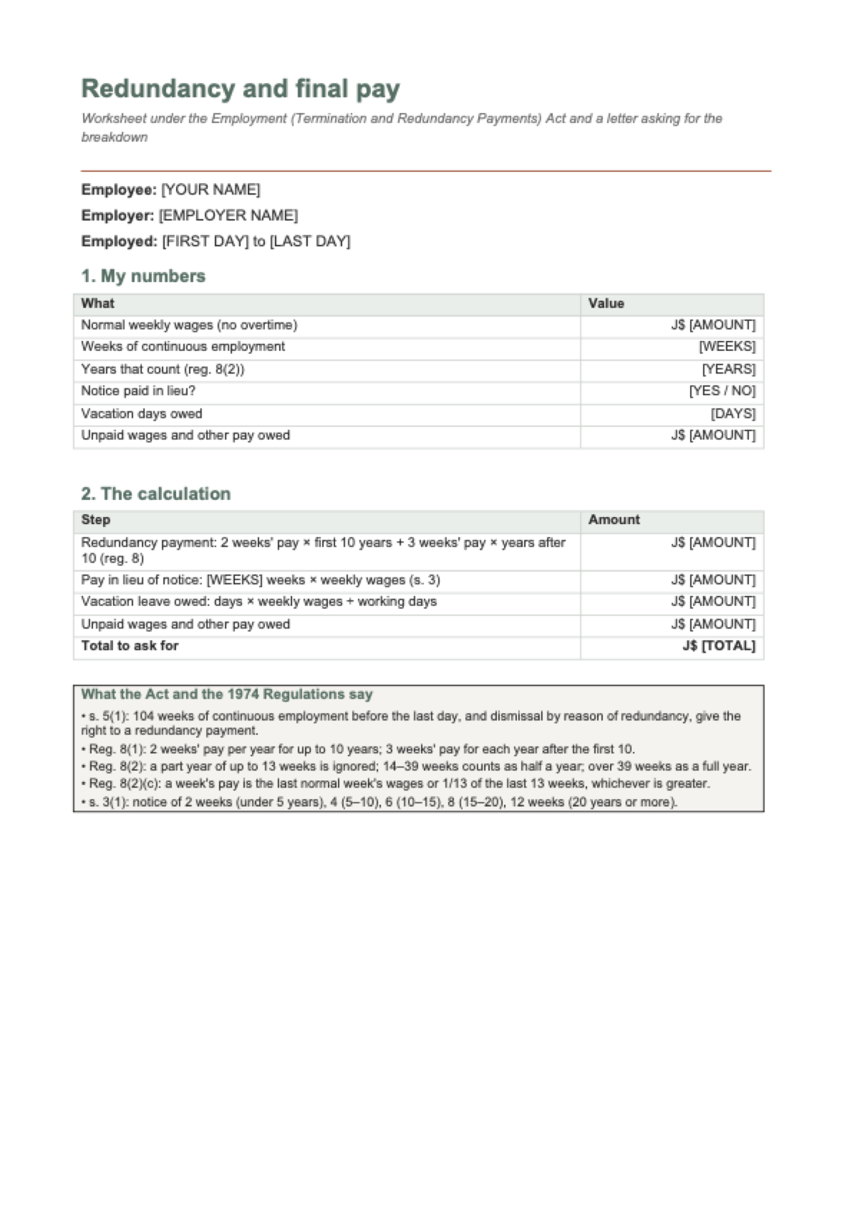 Redundancy pay calculator Jamaica: first page
