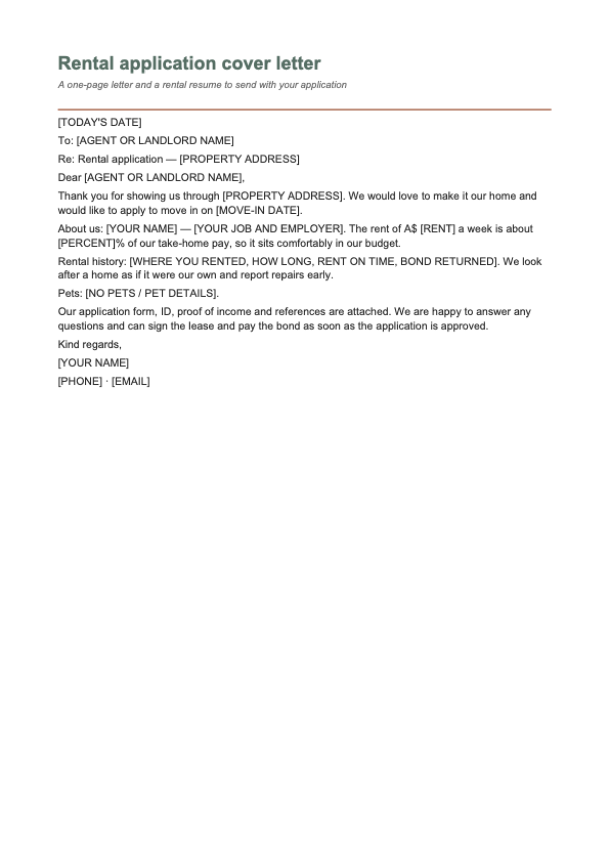 Rental application cover letter: first page