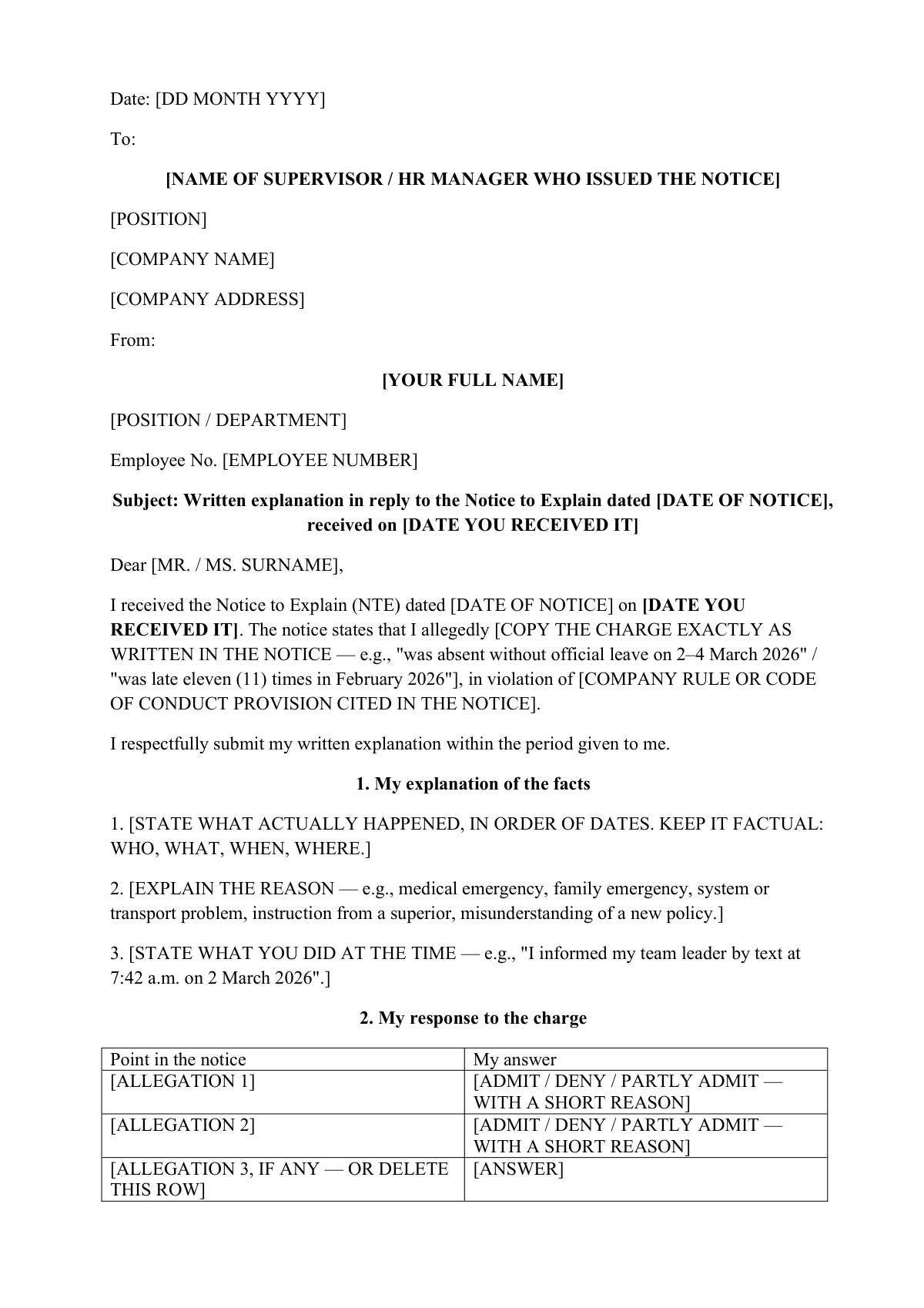 Reply to a Notice to Explain: first page
