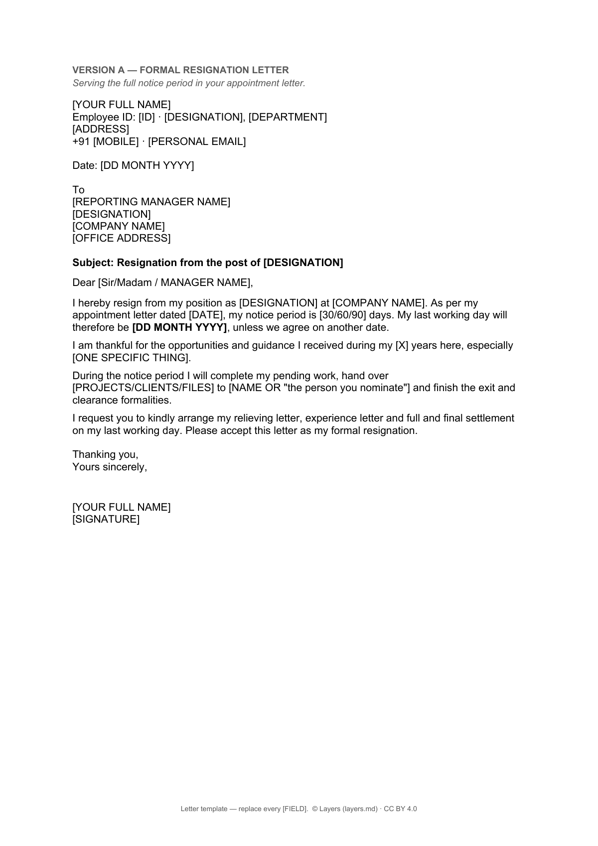 Resignation letter format: first page