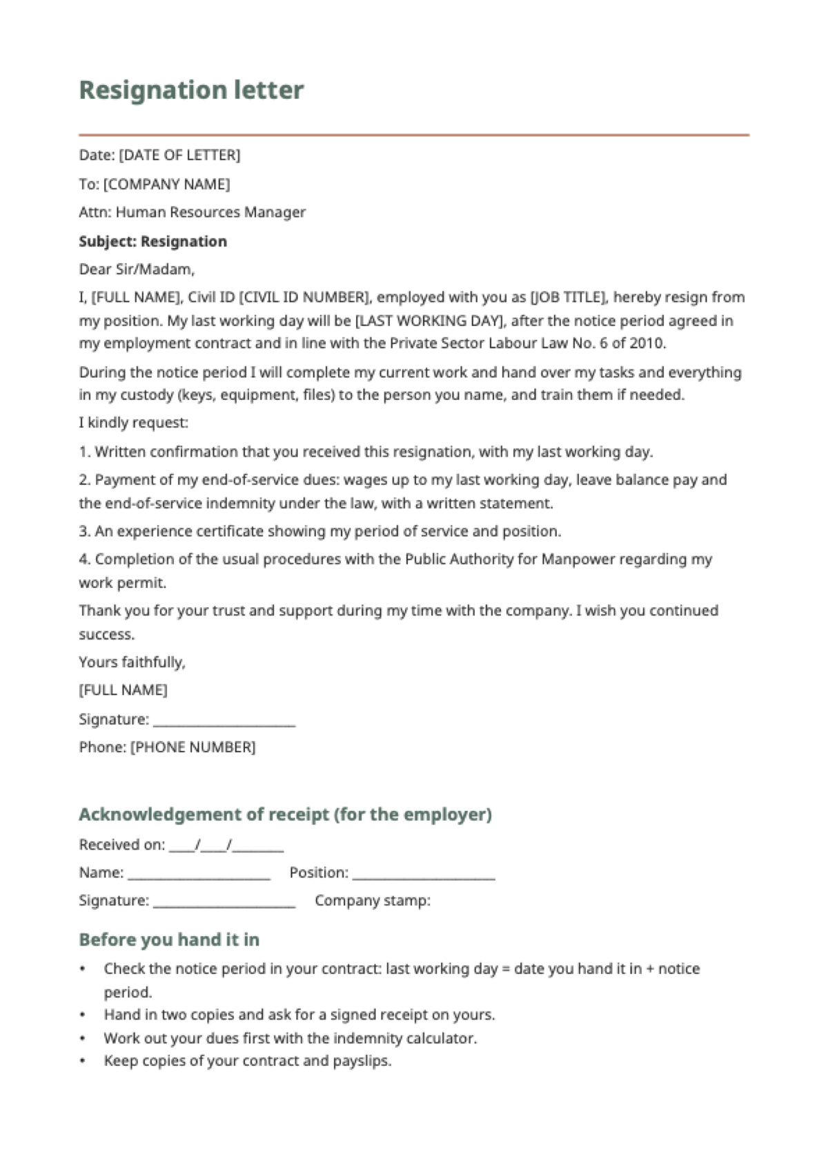 Resignation letter for Kuwait: first page