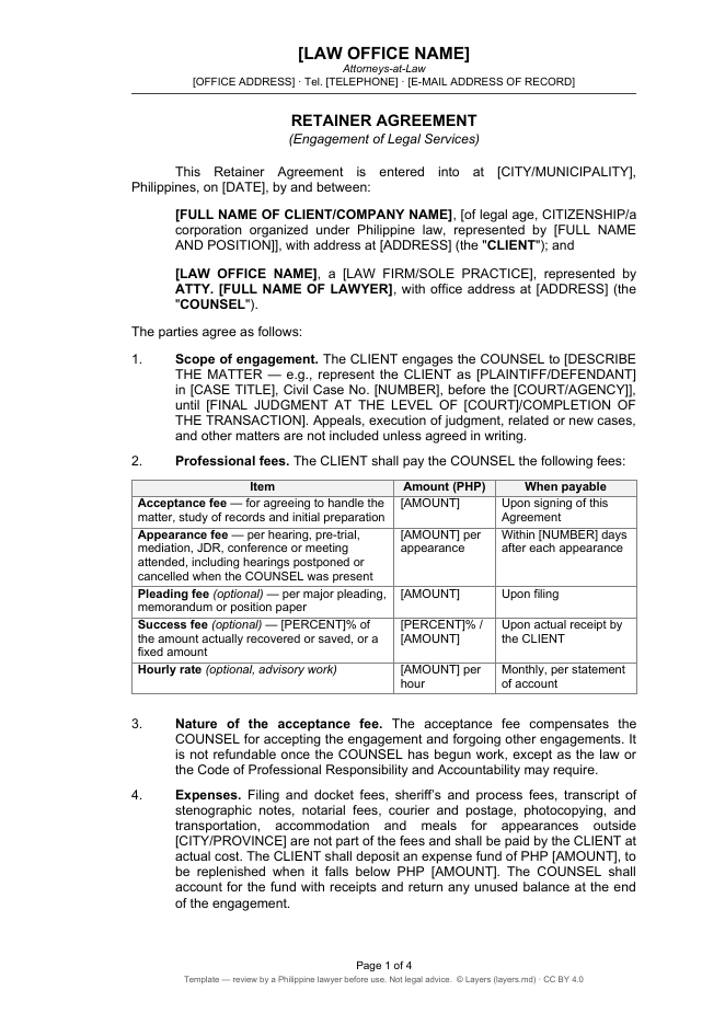 Retainer Agreement: first page