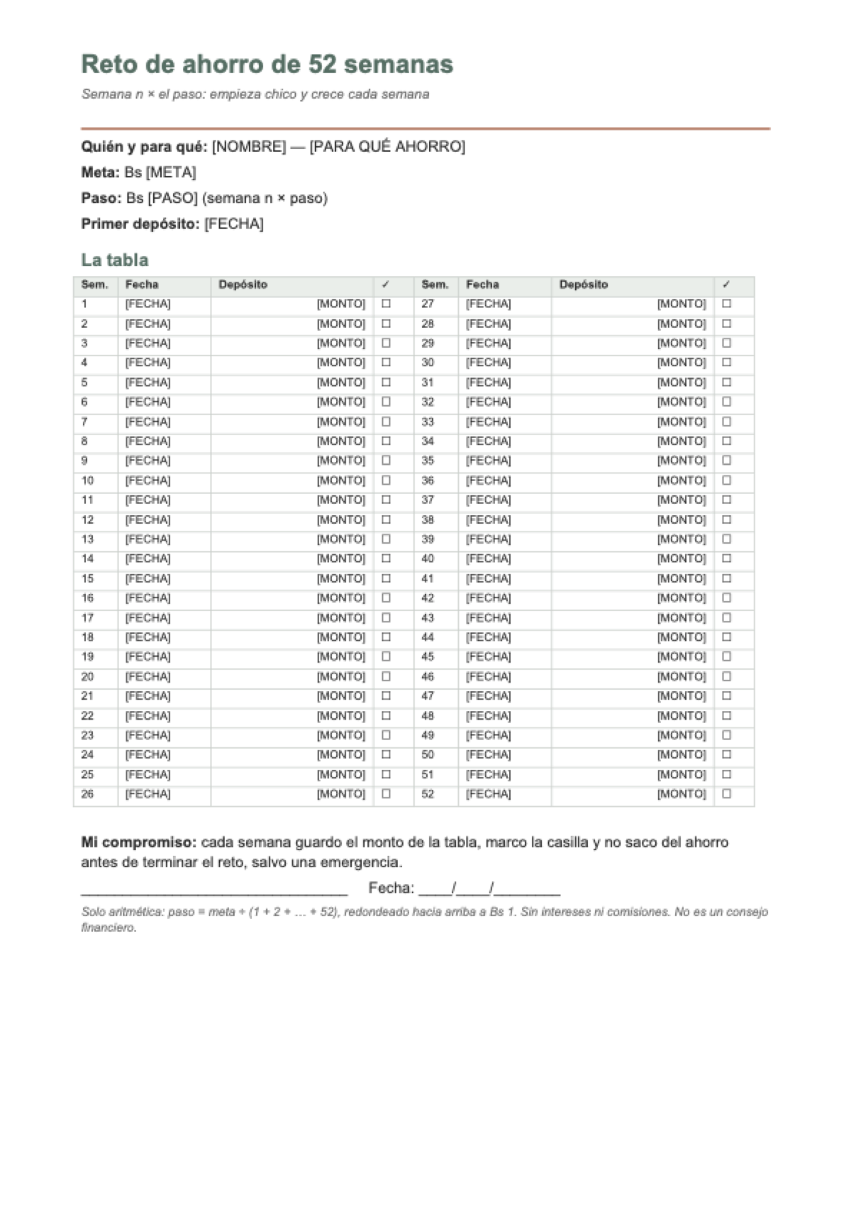 Reto de ahorro de 52 semanas: first page