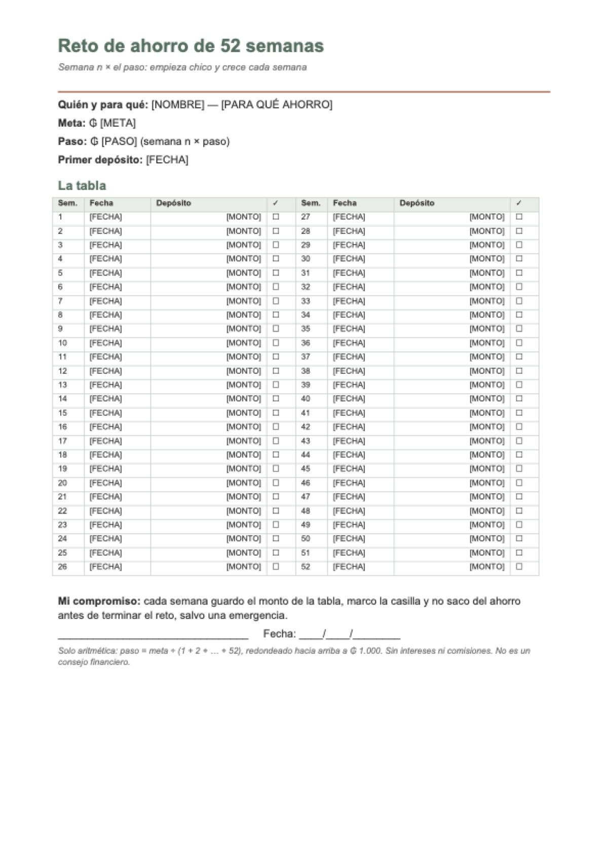 Reto 52 semanas de ahorro: first page