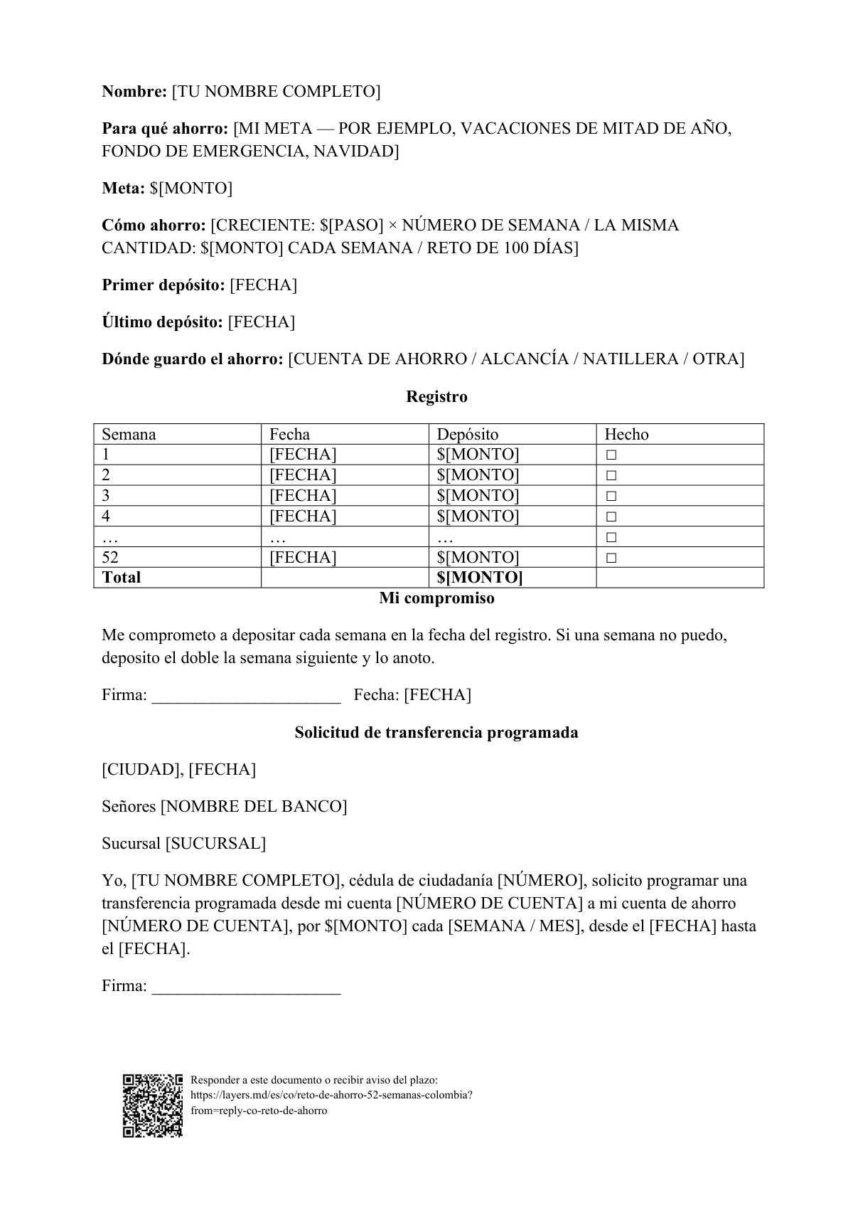 Reto de ahorro de 52 semanas en Colombia: first page