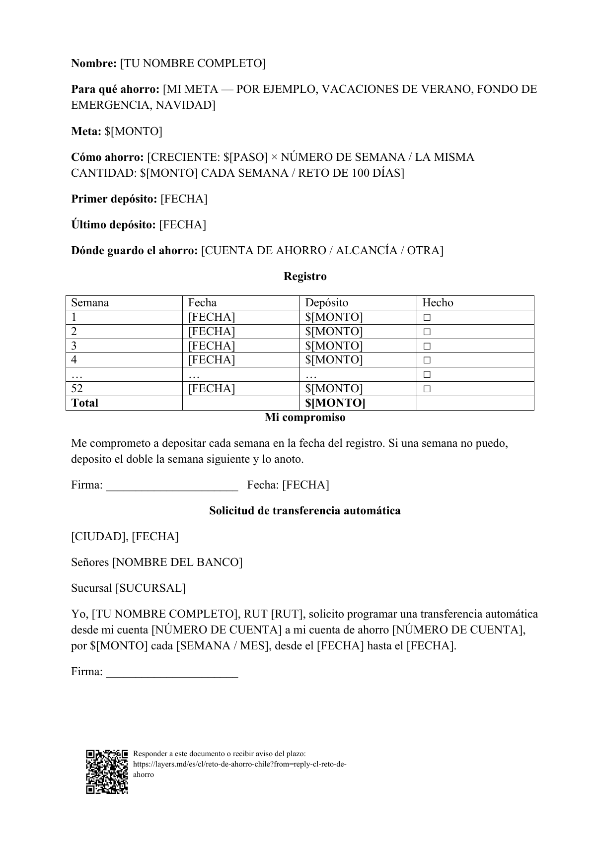 Reto de ahorro de 52 semanas en Chile: first page