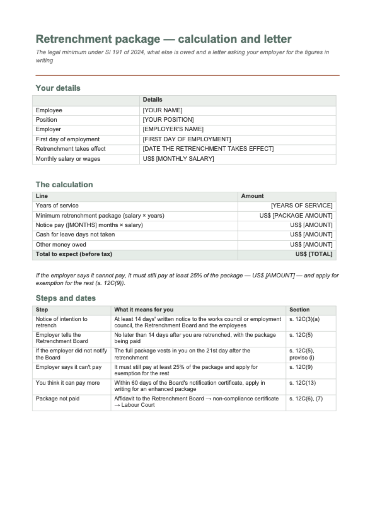 Retrenchment package calculation in Zimbabwe: first page