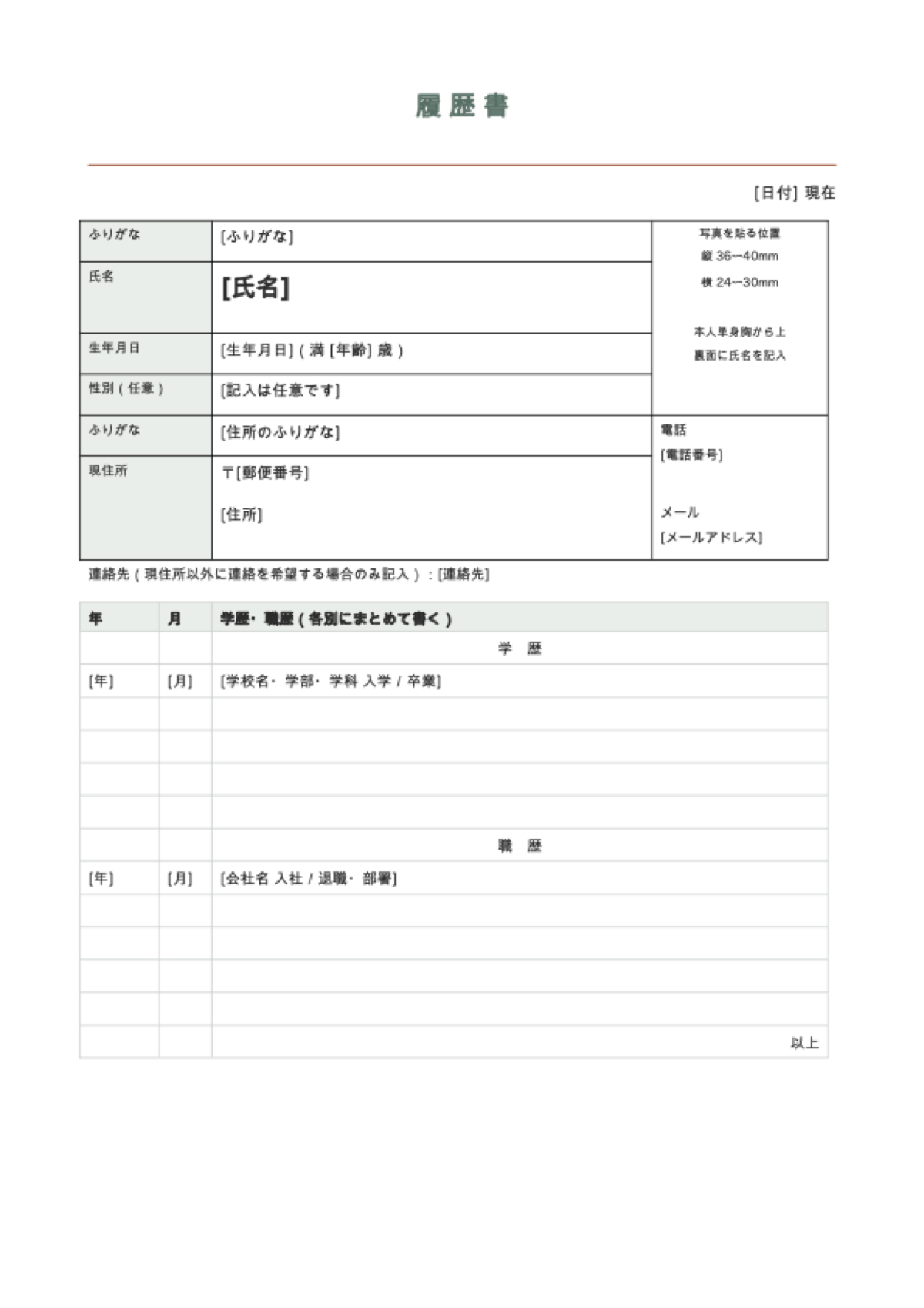 履歴書・職務経歴書 テンプレート: first page