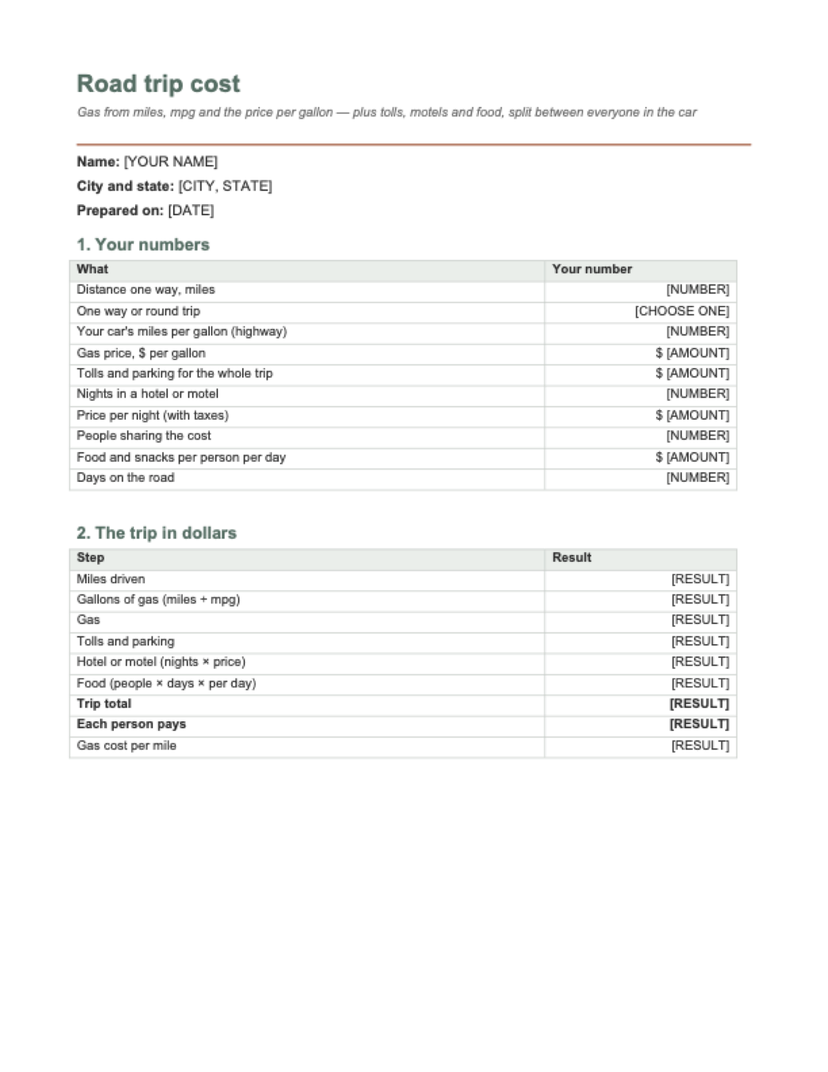 Road trip gas calculator: first page