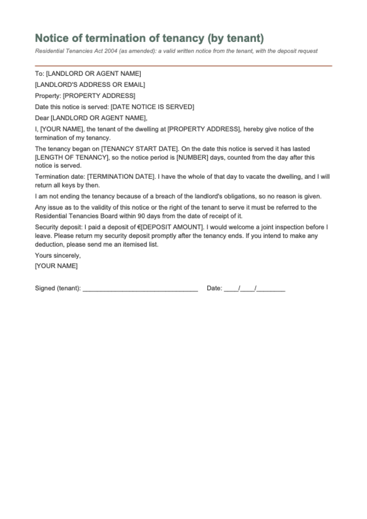 RTB notice of termination by tenant: first page