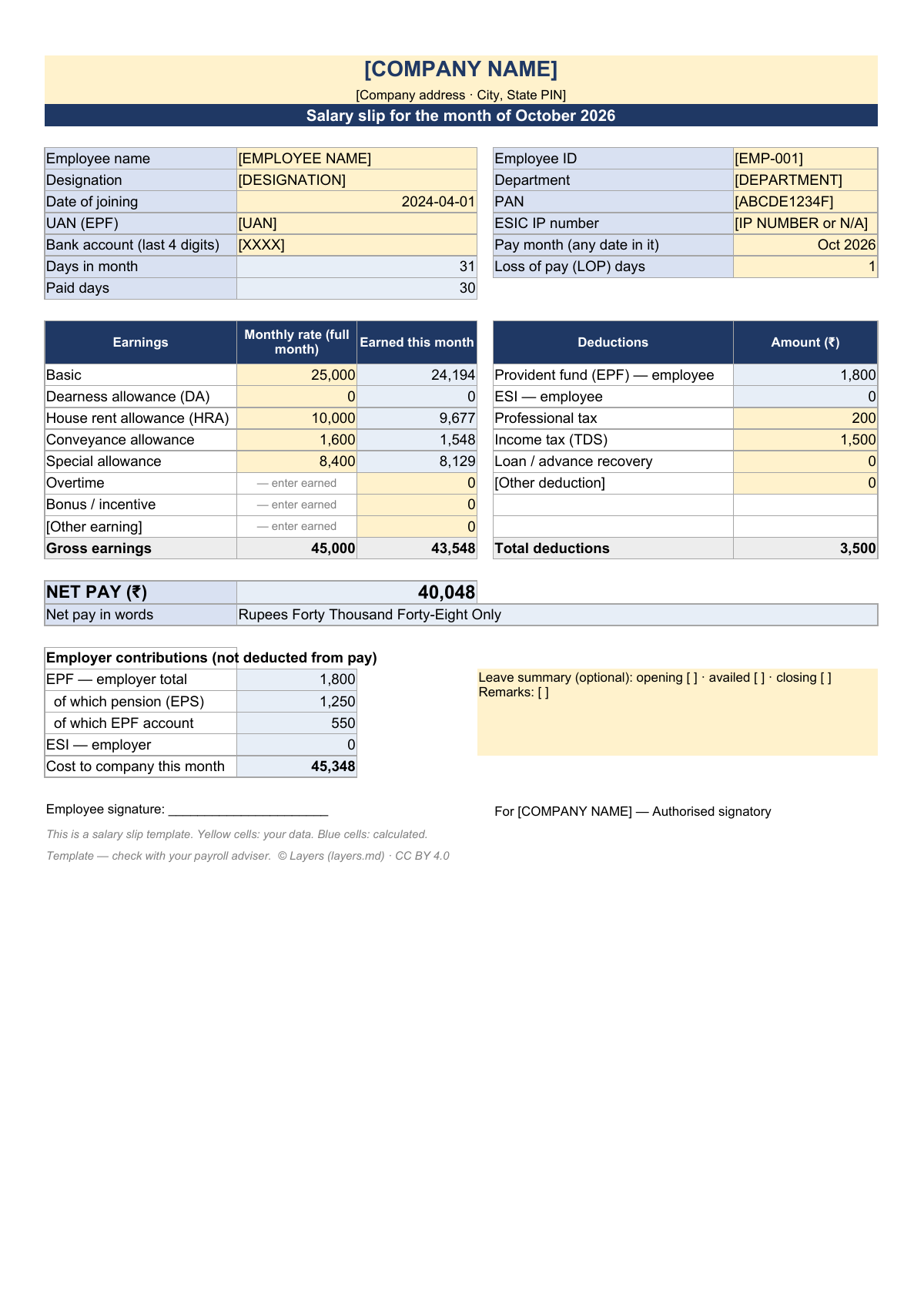 Salary slip format: first page