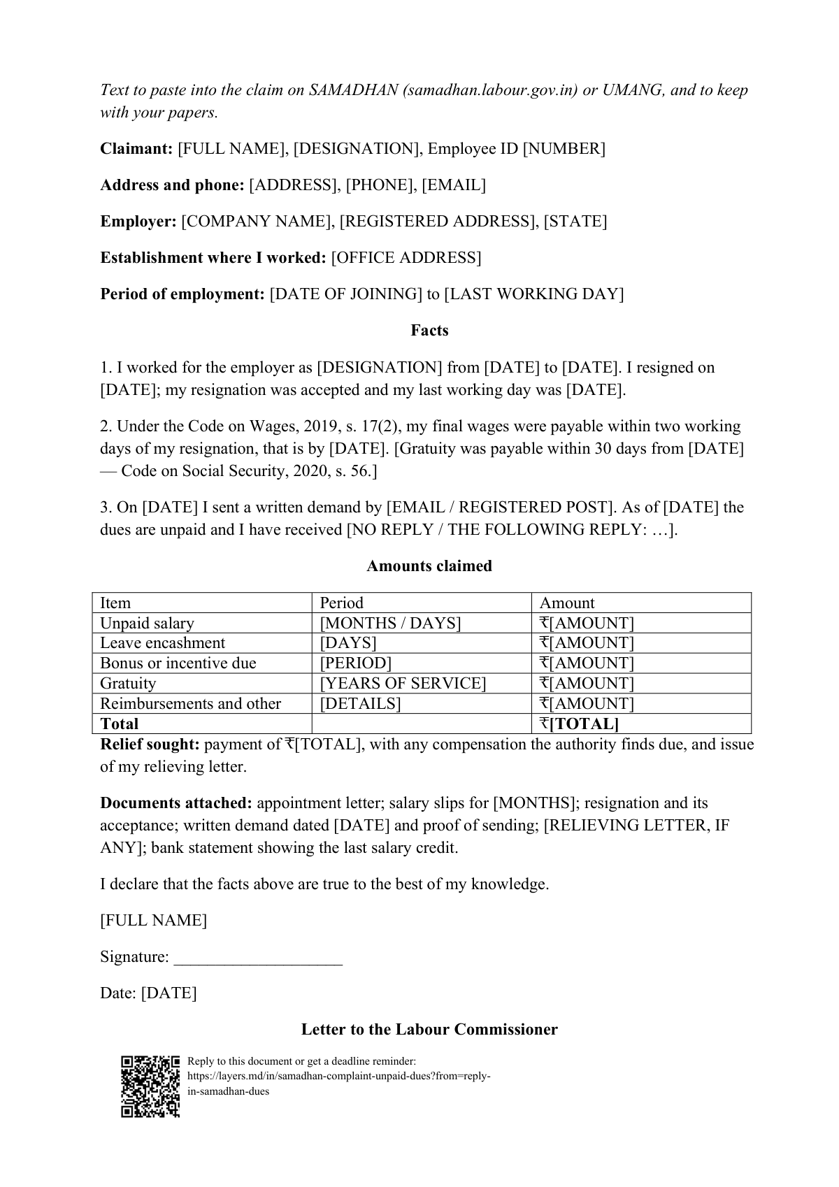 Full and final not paid: first page
