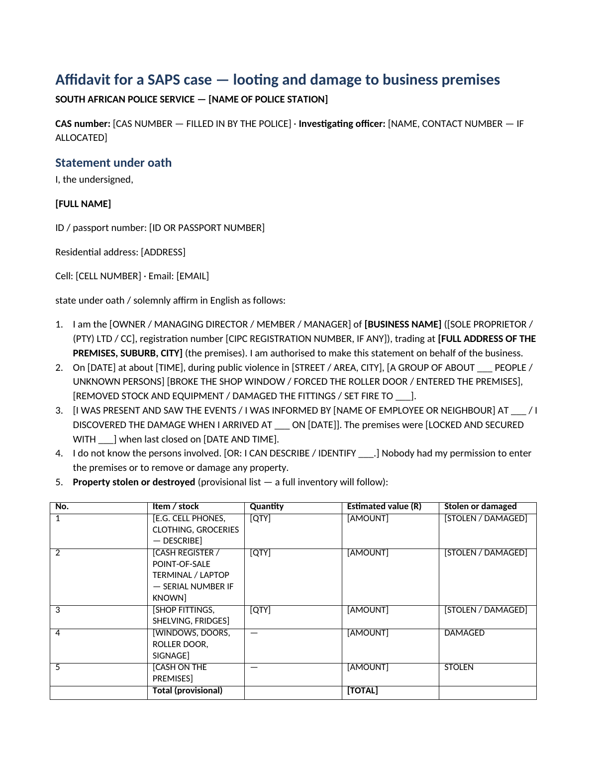 Business looted or damaged: first page