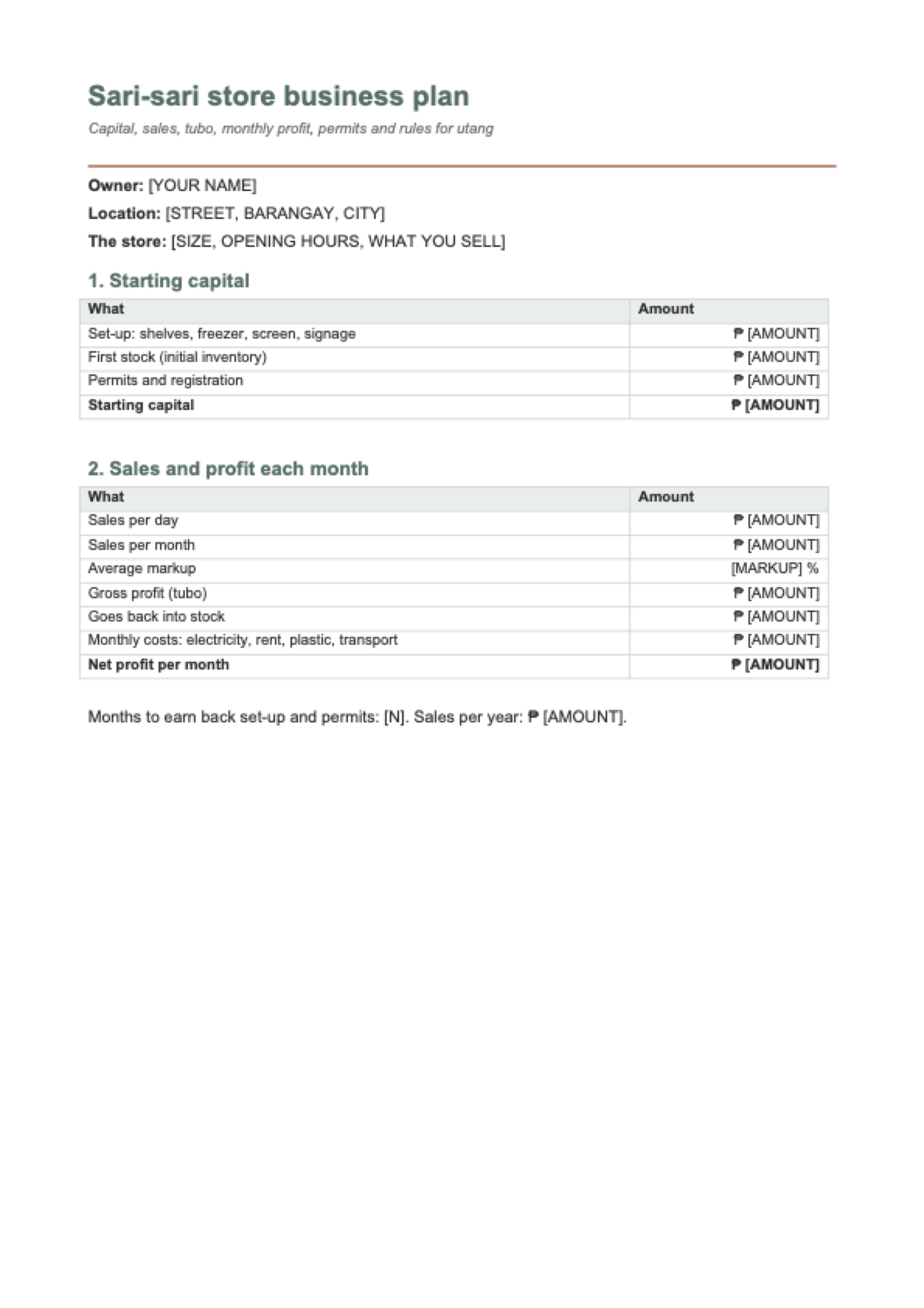 Sari-sari store business plan: first page