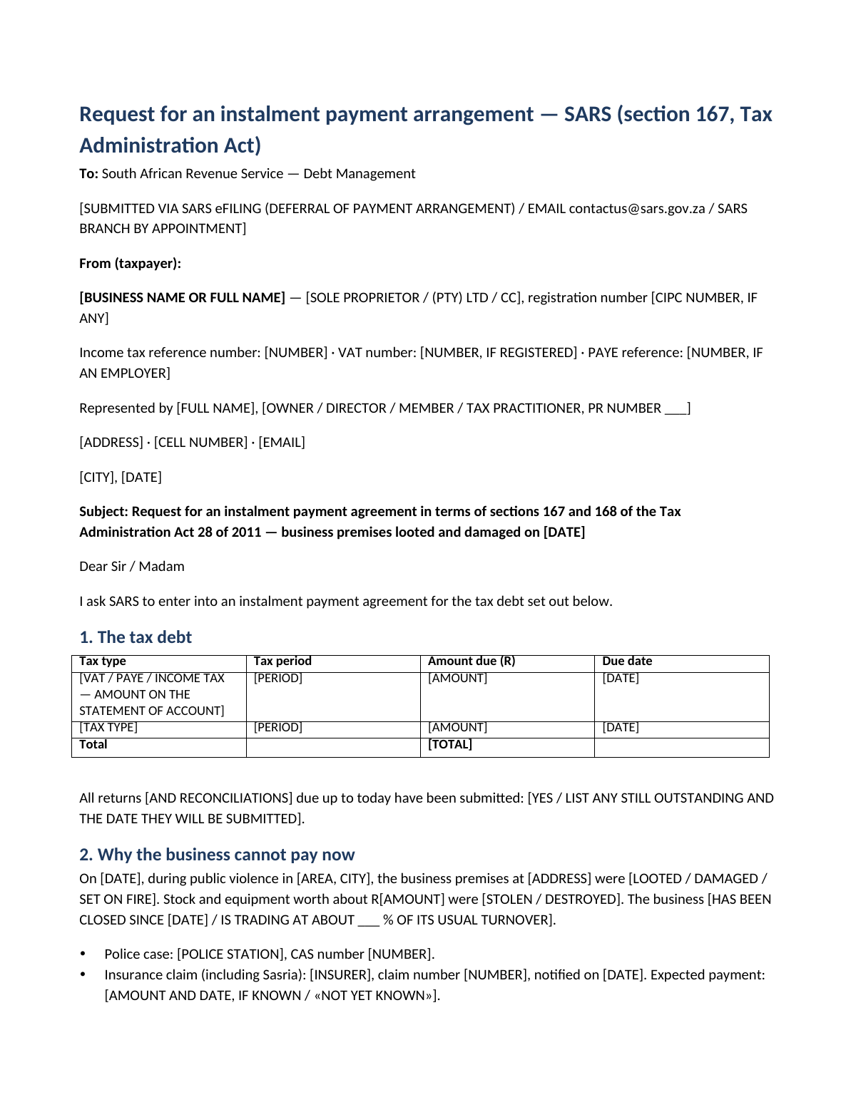 SARS payment arrangement: first page