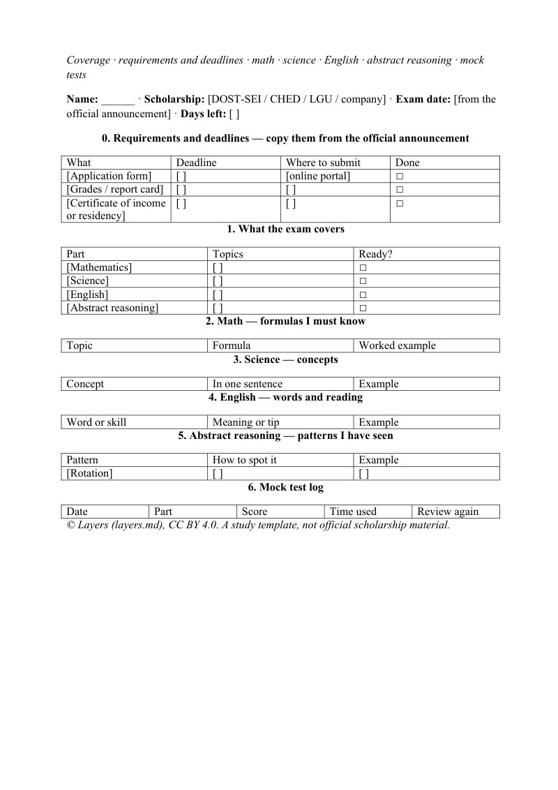 Scholarship exam reviewer: first page