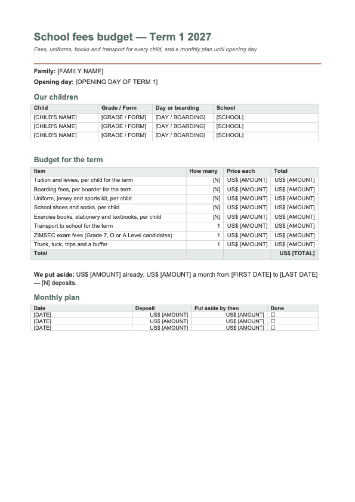 School fees budget 2027: first page