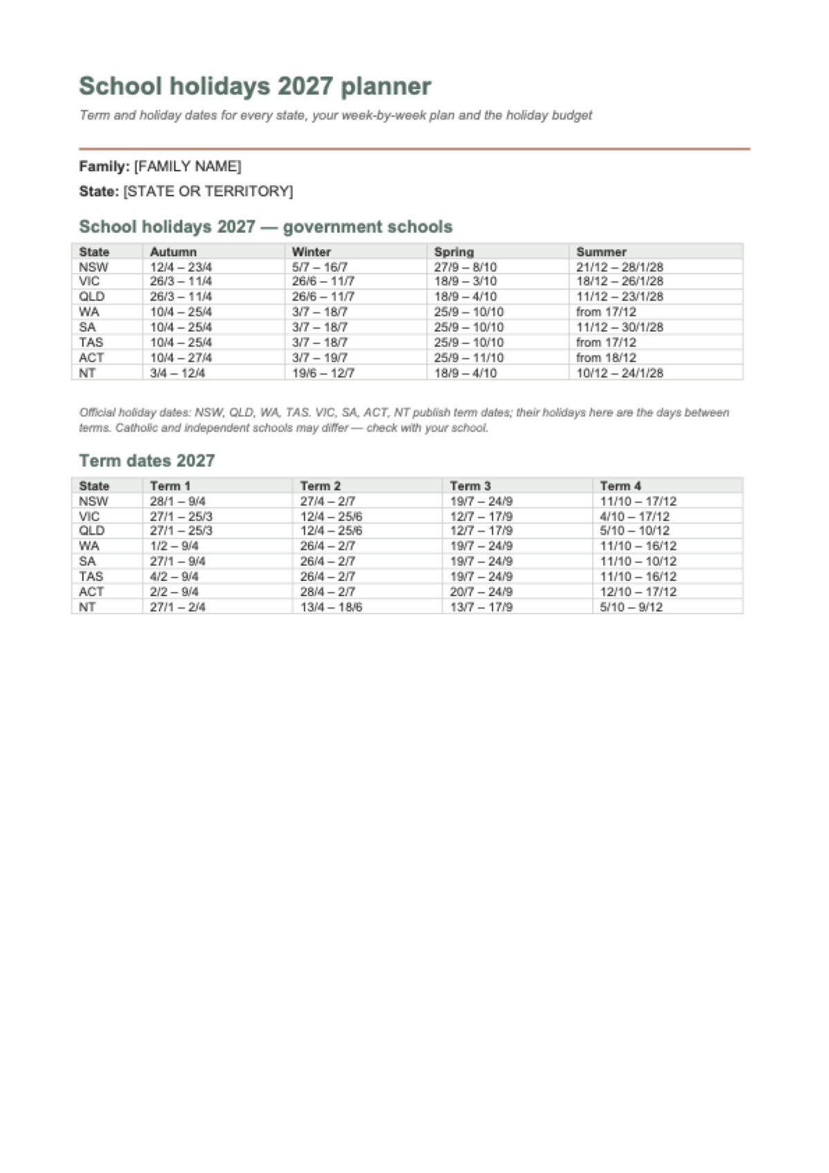 School holidays 2027: first page