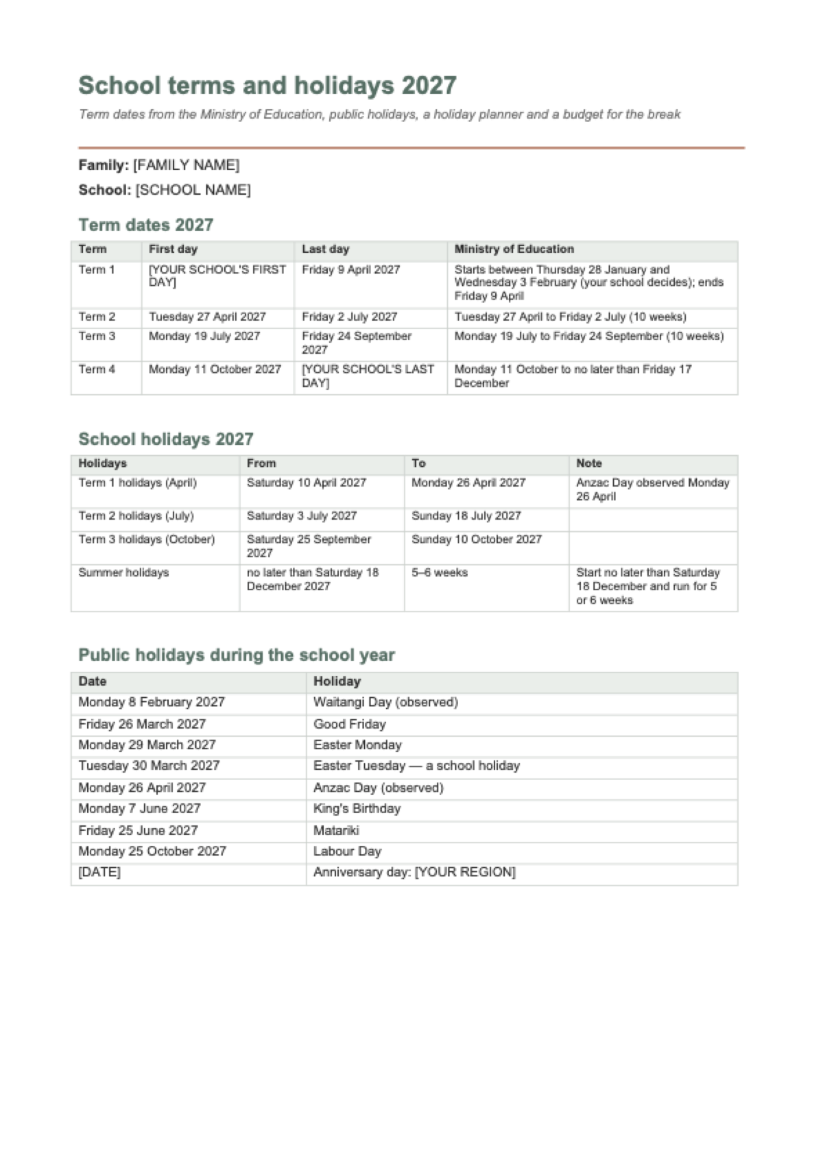 School term dates 2027 NZ: first page