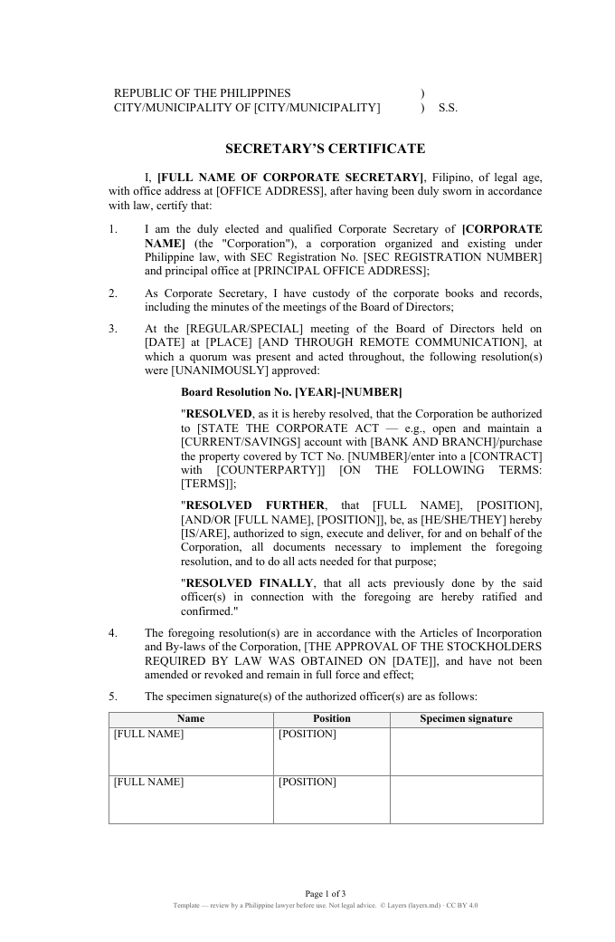 Secretary’s Certificate: first page