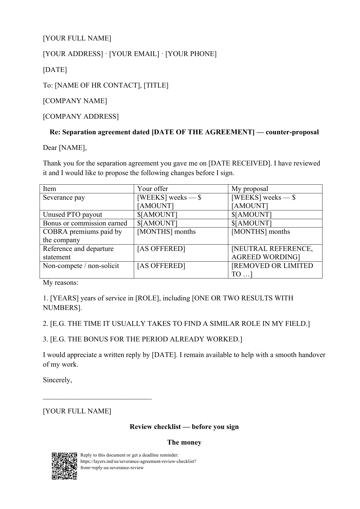 Severance agreement review checklist: first page