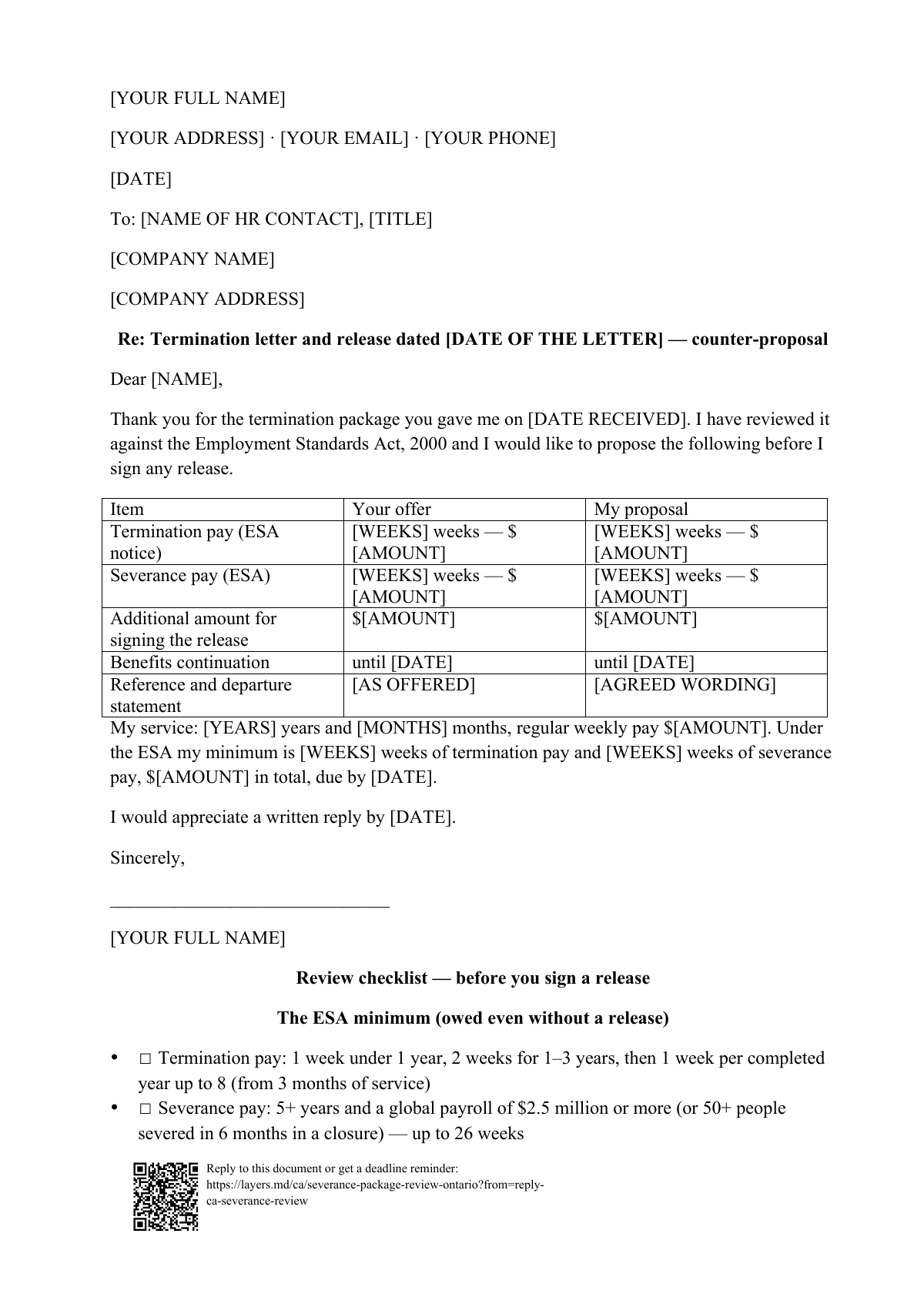 Severance package review, Ontario: first page