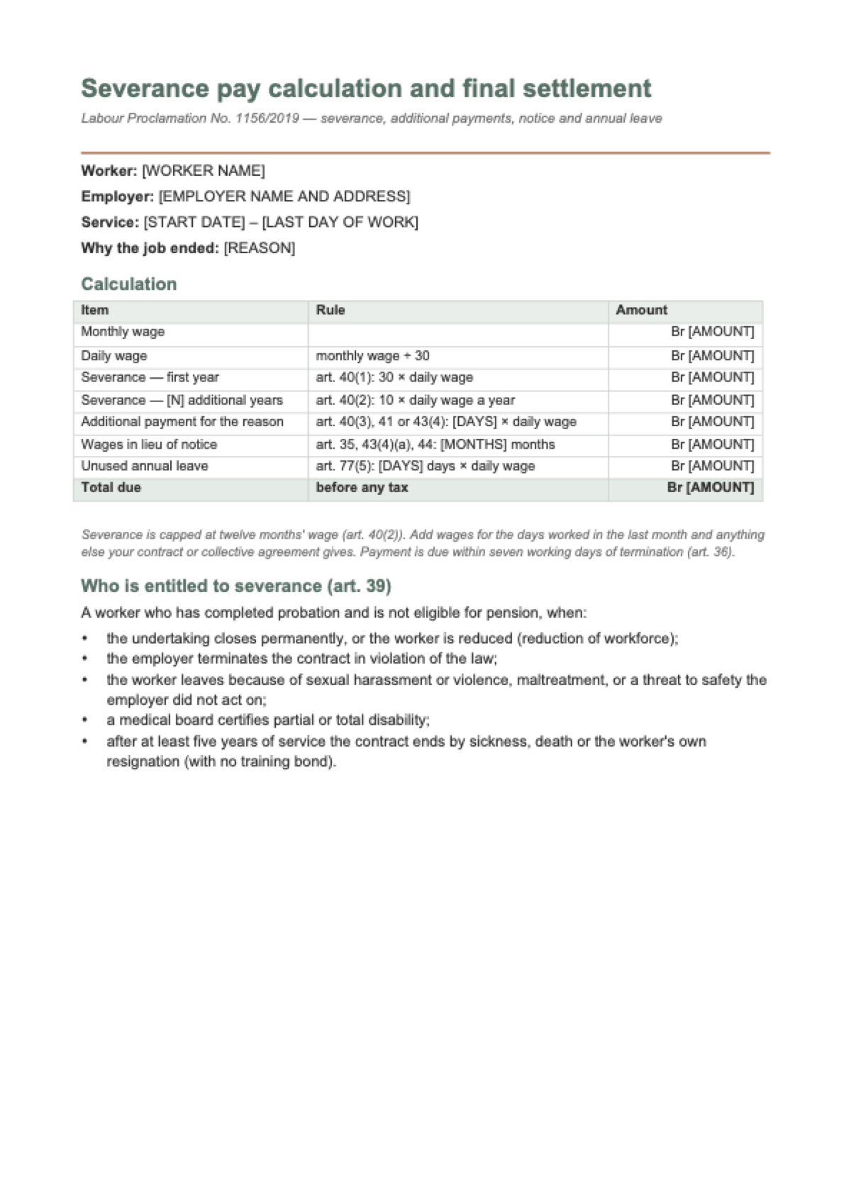Severance pay calculator Ethiopia: first page