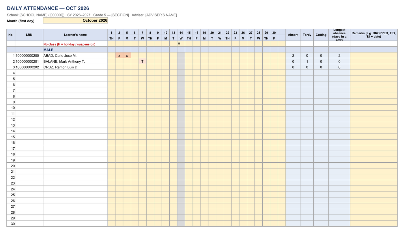 Daily attendance, SF2 layout: first page