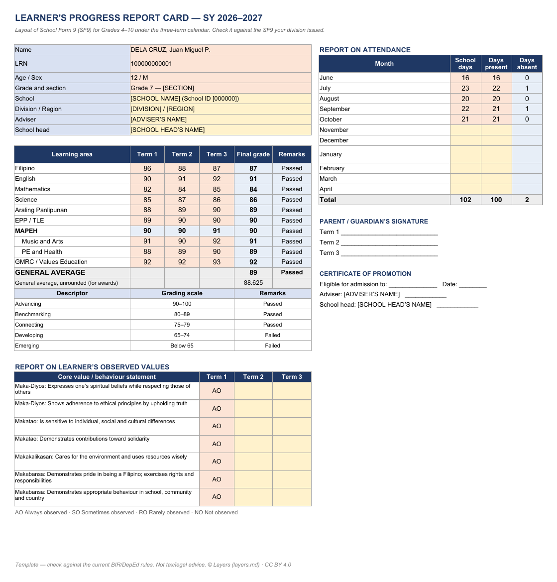 Report card, SF9 layout — three terms: first page