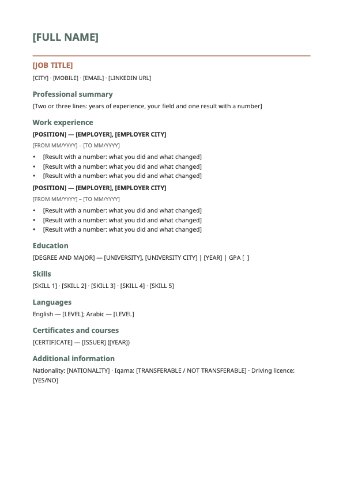CV format for Saudi Arabia: first page