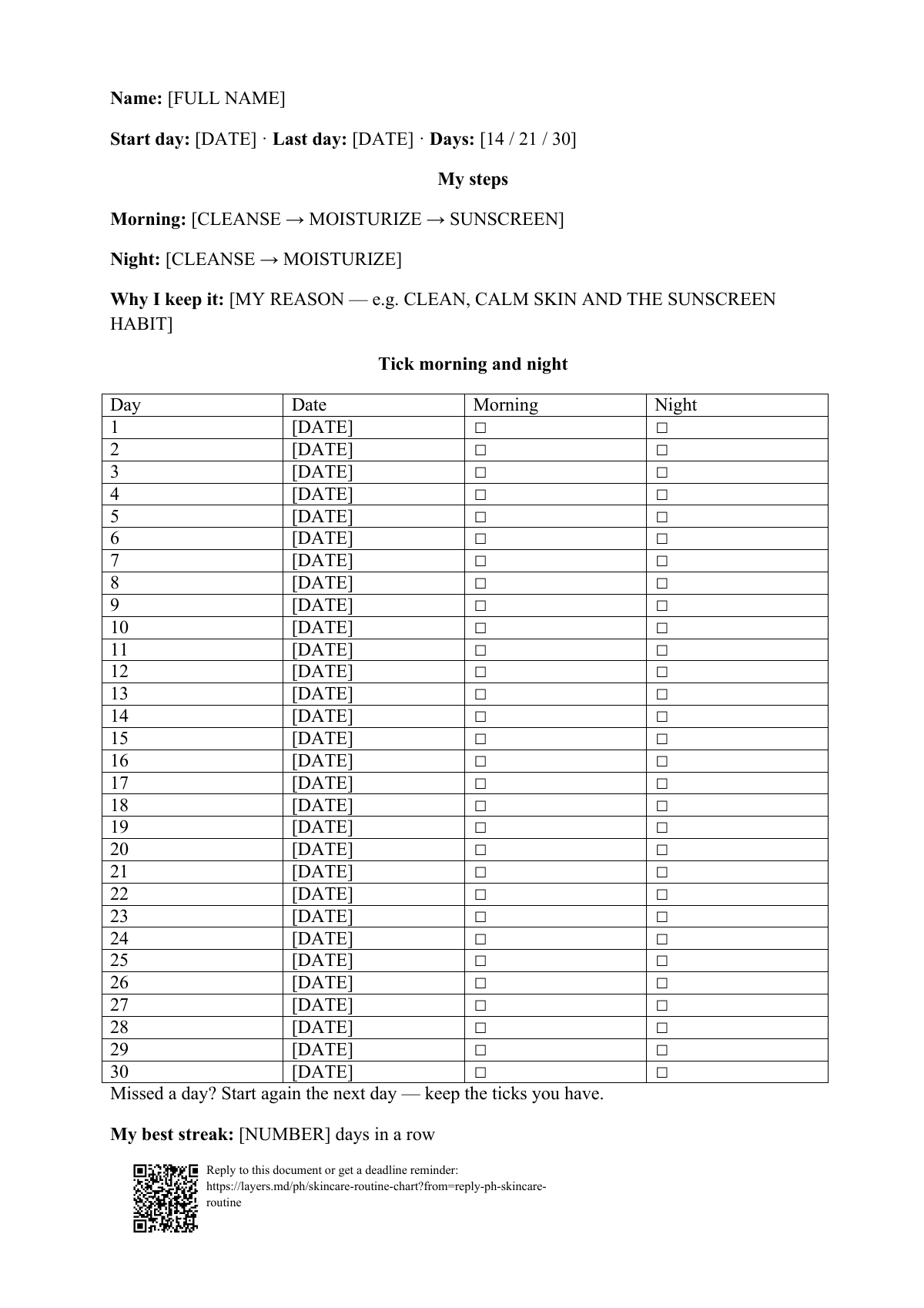 Skincare routine chart: first page
