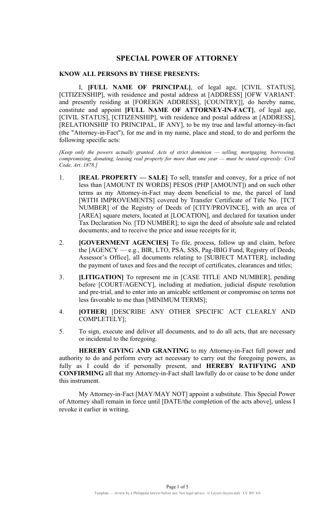 Special Power of Attorney (SPA): first page