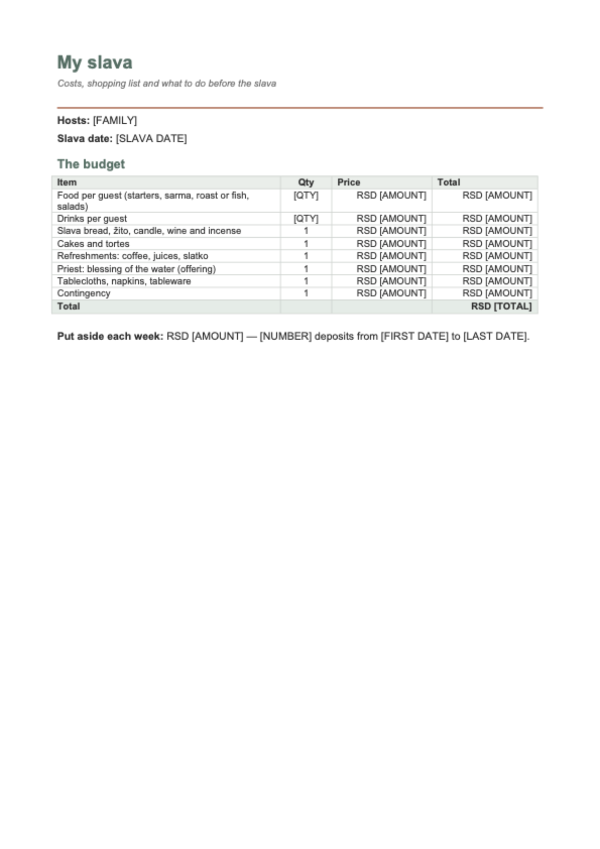 Serbian slava shopping list and costs: first page