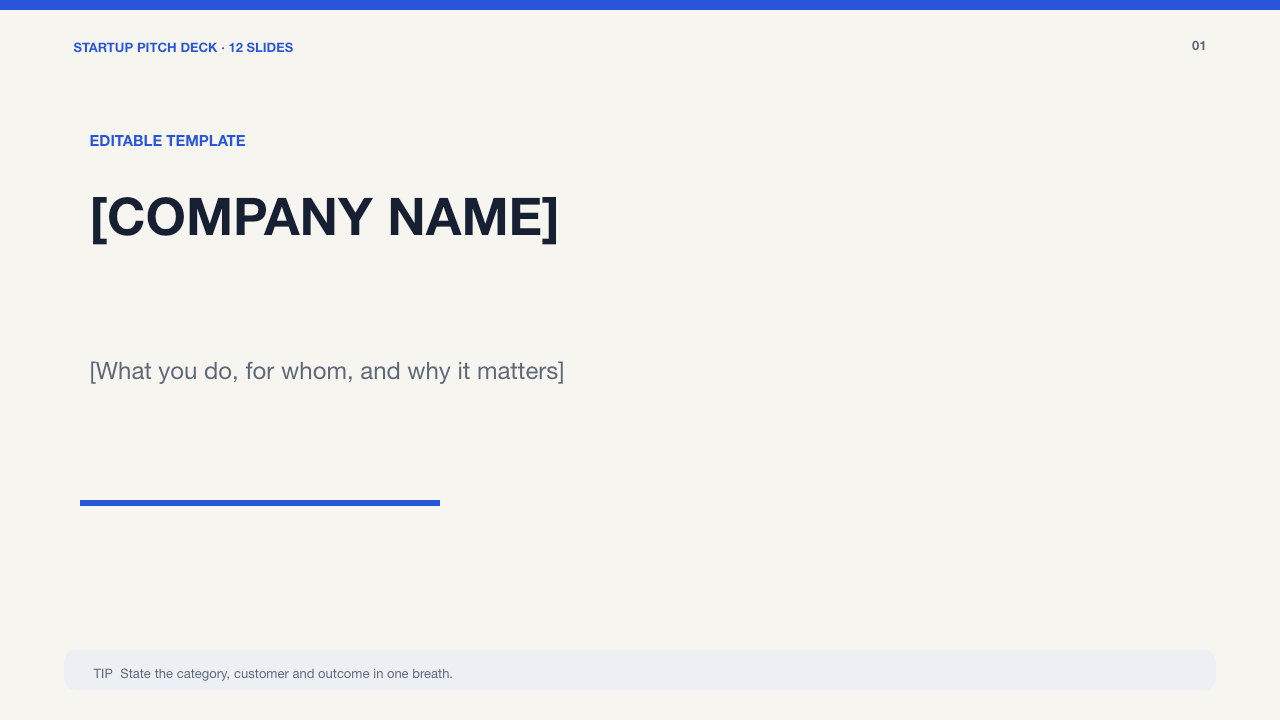 Startup pitch deck template: first page