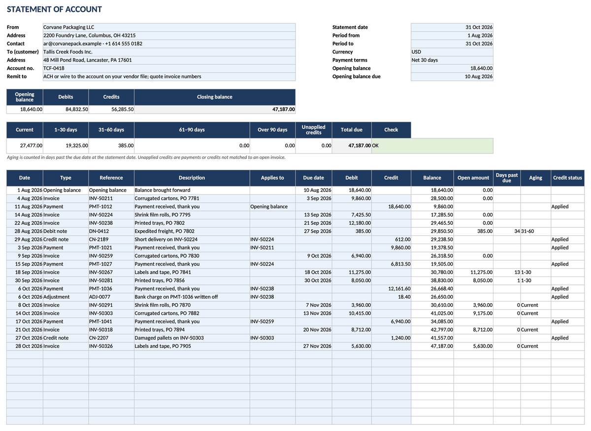 Email Example Sign In On Windows Statement of Account Template — Live Excel with Aging