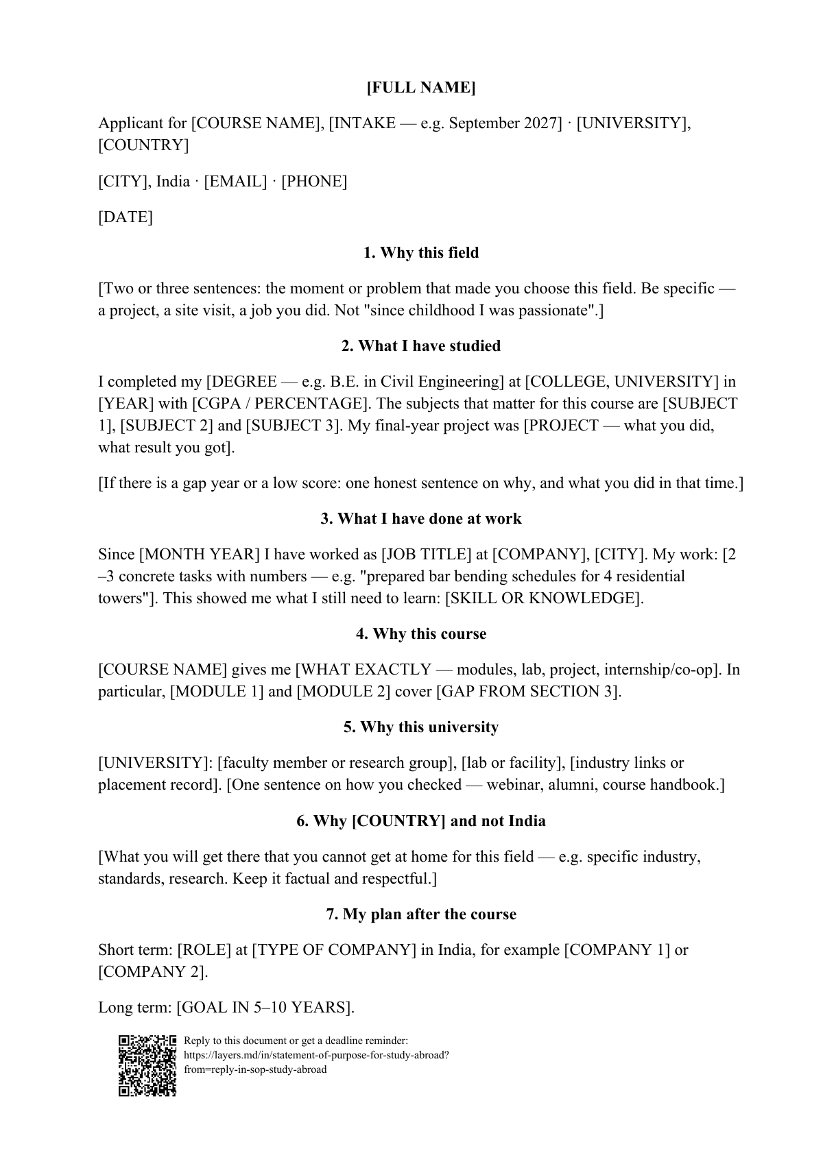 Statement of purpose for study abroad: first page