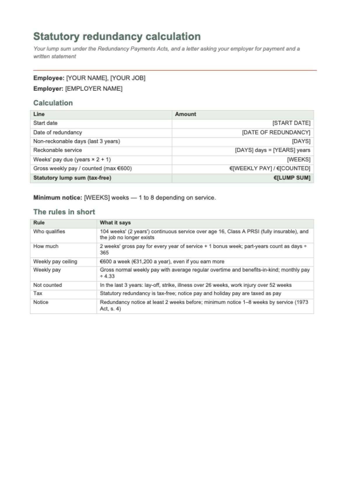 Redundancy calculator Ireland: first page