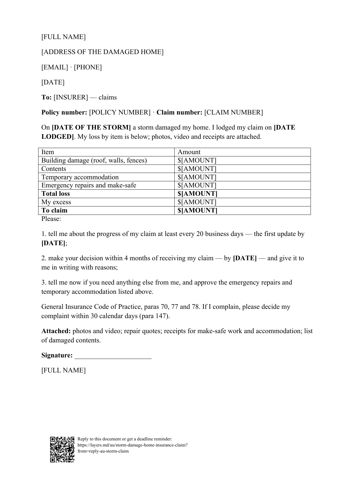 Storm damage insurance claim: first page