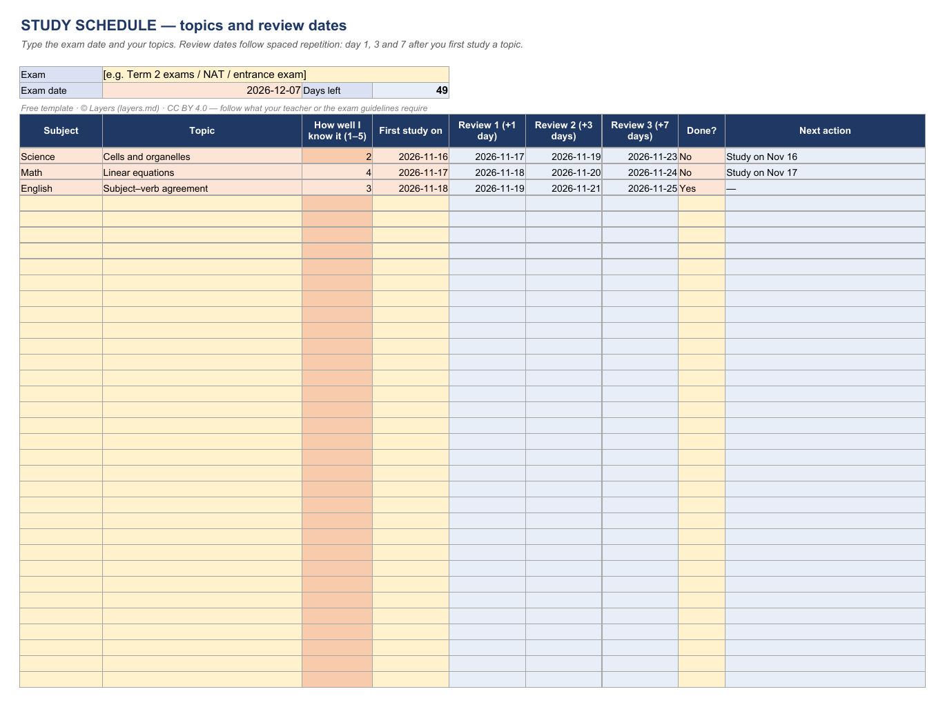 Study schedule: first page
