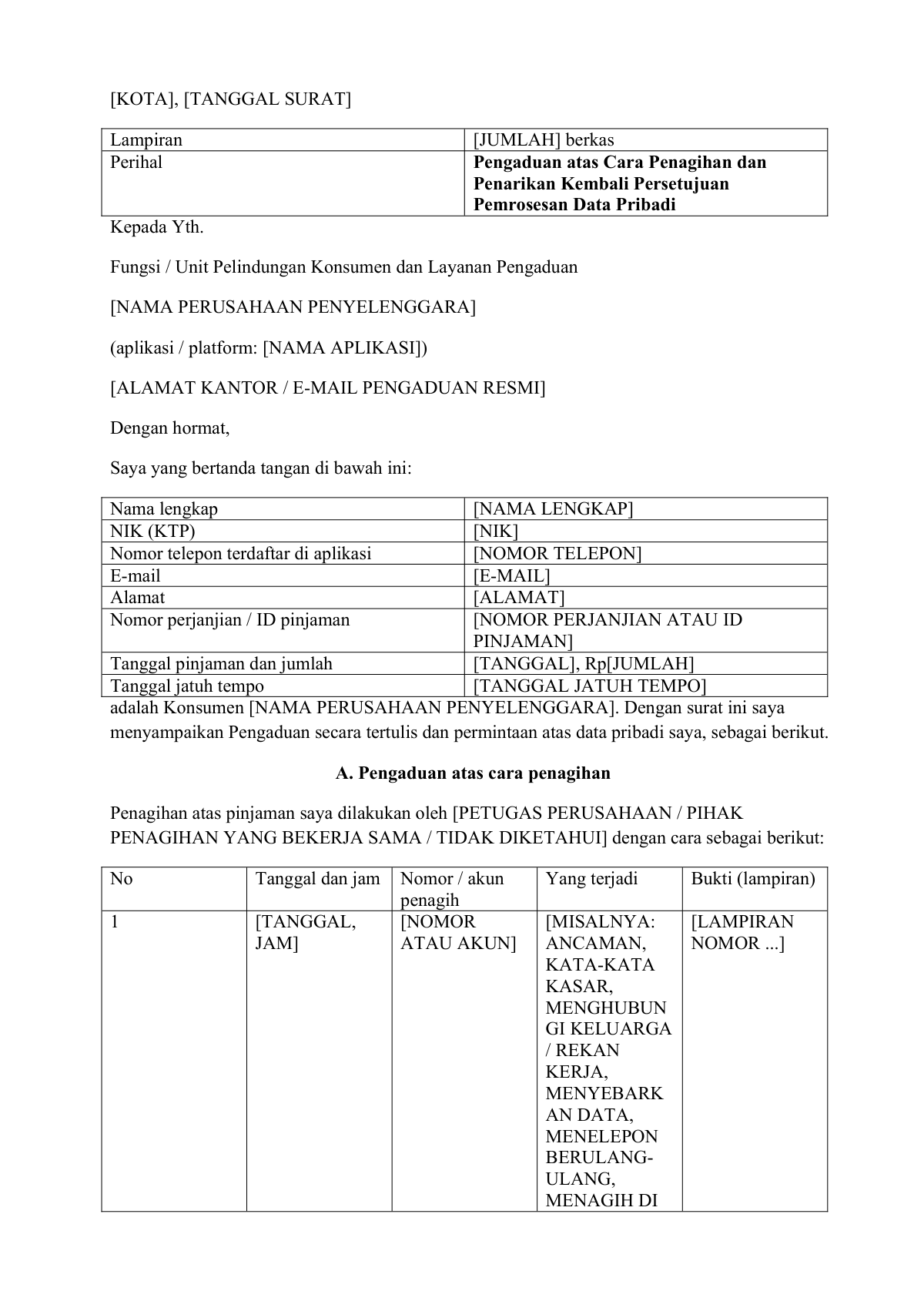 Surat pengaduan debt collector pinjol: first page